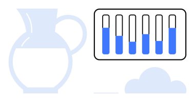 Yarısaydam bir sürahi ve soyut şekillerin yanındaki rafta mavi sıvıyla test tüpleri. Bilim, kimya, araştırma, eğitim, su arıtma, sürdürülebilirlik ve basit bir iniş için ideal