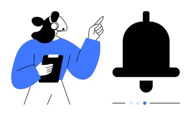 Arama merkezi ajanı elinde bir not panosu olan bir kulaklık takıyor ve büyük bir çan simgesini işaret ediyor. Müşteri desteği, uyarılar, bildirimler, güncellemeler, iletişim, takım çalışması, basit iniş sayfası için ideal