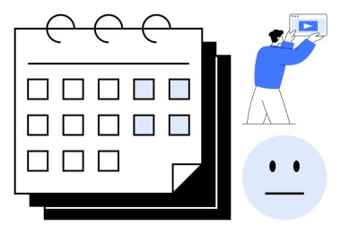 İşaretli tarihli takvim, video içeriği sunan bir kişi ve tarafsız yüz ifadesi. Zamanlama, içerik planlaması, dijital medya, üretkenlik, etkileşim, iletişim için ideal basit