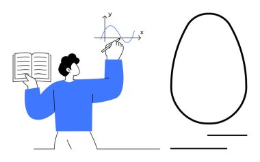Matematiksel grafiği elinde açık bir kitapla inceleyen kişi büyük bir soyut yumurta şekline sahip. Eğitim, öğrenim, yaratıcılık, analiz, araştırma, problem çözme, minimalist kavramlar için ideal
