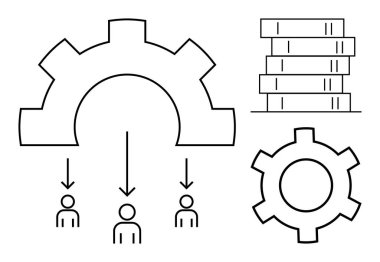 Organizasyonu gösteren yığınla kaynağı olan üç kişiye rol dağıtan dişli sembolü. Takım çalışması, iş akışı, proje yönetimi, kaynak tahsisi, süreç optimizasyonu, iş için ideal