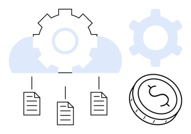 Teçhizatlı bulut bulut, bulut hesaplama ve otomasyon gösteriyor. Dolar parası maliyet verimliliğini temsil eder. Belgeler veri depolamayı sembolize ediyor. Teknoloji, veri, bulut hizmetleri, yenilik, otomasyon için ideal