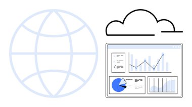Küre, bulut ve analiz paneli bağlantı, teknoloji ve veri analizini temsil eden grafikler ve grafiklerle dolu. Bulut hesaplama, küresel iş, teknoloji ve finans analizleri için ideal