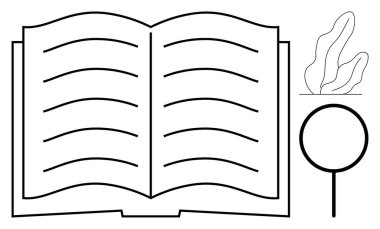 Görünür çizgileri olan açık bir kitap, yanında büyüteç ve en az yapraklı bitki taslağı olan bir kitap. Eğitim, okuma, araştırma, keşif, doğa eğitimi, bilgi ve basit bir iniş sayfası için ideal