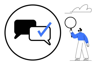 Kontrol işaretli konuşma baloncukları ve onay, doğrulama ya da iletişim analizi için büyüteç tutan adam. Takım çalışması, doğrulama, araştırma, denetim ve odaklanma için ideal