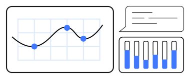 Veri noktaları olan çizgi çizelgesi, değişik yüksekliklere sahip bar grafiği ve bir metin kutusu. Analiz, istatistik, iş büyümesi, sunumlar, raporlama ve basit iniş sayfaları için ideal