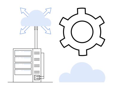 Veri akışı oklarıyla buluta bağlı sunucu, büyük vites sembolü. Bulut hesaplama, ağ oluşturma, bilişim yönetimi, yenilik, veri depolama, sistem yapılandırması, basit iniş sayfası için ideal