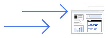 Arama çubuğuyla bir web sayfası arayüzünü gösteren mavi oklar, metin baloncukları, grafikler ve vurgulanmış içerik. Kavramları için ideal navigasyon, kullanıcı akışı, SEO, analitik, veri transferi