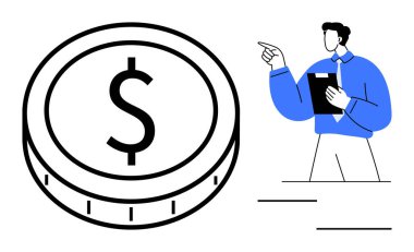 Elinde belge tutan ve işaret eden adamın yanında dolar işareti olan büyük bir para. Finans, iş, tasarruf, yatırım, bütçe, ekonomi ve danışmanlık için ideal. Düz basit metafor