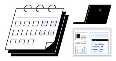 Vurgulanmış tarihler, dizüstü bilgisayarlar, görev planlaması için web arama arayüzü ile takvim. Basit bir iniş sayfası için organizasyon, zaman yönetimi, verimlilik, teknoloji, araştırma ve zamanlama için ideal