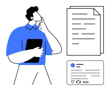 Tablet tutan adam, içgörü üzerine kafa yoruyor. Belgeler, analitik kartlar dahil. İçerik stratejileri, karar verme, planlama, iş değerlendirmesi, araştırma çevrimiçi pazarlama için ideal