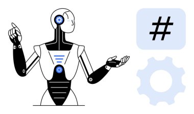 Meta veri etiketi ve dişli elementlerle hareket eden insansı robot. Yapay zeka, teknolojik yenilik, otomasyon, dijital pazarlama, fütüristik tasarım, makine eğitimi, basit iniş sayfası için ideal