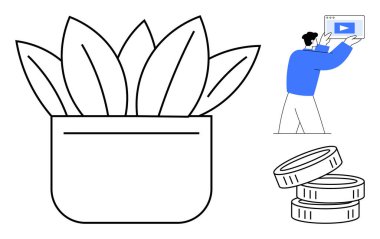 Büyümeyi sembolize eden saksı bitkisi, tablette video içeriği gösteren adam, finansal başarı için para yığını. Finans, eğitim, pazarlama, sürdürülebilirlik, yatırım, yenilik için ideal basit