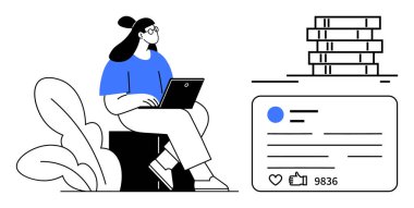 Bitkiler, kitaplar ve sosyal medya nişan ikonları ile çevrili bir dizüstü bilgisayarda çalışan bir kadın. Eğitim, yaratıcılık, çevrimiçi öğrenme, sosyal ağ, evden çalışma, kişisel gelişim için ideal