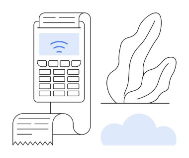 Kablosuz ödeme terminali faturası, kablosuz sinyalin yanı sıra bulut ve soyut yaprak şekilleri. Ödeme sistemleri, teknoloji, finans, dijital işlemler, perakende için ideal