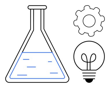 Sıvı fosforlu matara mühendislik ampulünü sembolize eder ve fikirleri simgeler. Yenilik, yaratıcılık, eğitim, STEM, araştırma, problem çözme, strateji için idealdir. Düz basit