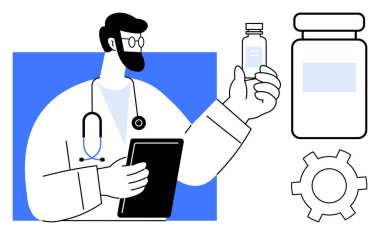Steteskoplu doktor ilaç şişesini inceliyor ve elinde tablet tutuyor. Sağlık, tıbbi araştırma, teletıp, ilaç geliştirme, eczane, teşhis, basit iniş sayfası için ideal