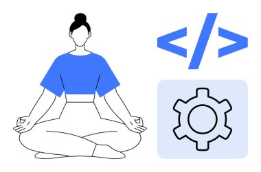 Kodlama ve dişli ikonlarının yanında bağdaş kurarak meditasyon yapan kadın teknoloji, yaratıcılık ve zihinsel sağIık arasındaki dengeyi sembolize ediyor. Teknoloji, farkındalık, kodlama ve refah için ideal.