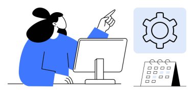 Masada bilgisayar kullanan bir kadın, bir ayar simgesine işaret ediyor, takvimi de yanında. Üretkenlik, organizasyon, planlama, görev yönetimi, iş akışı kurulumu için ideal, basit bir iniş sayfasını anımsatıyor