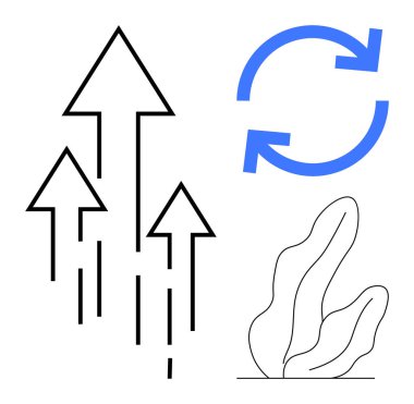 Yukarı doğru üç ok büyümeyi, süreç devamlılığı için bir dairesel geri dönüşüm ikonu ve asgari botanik figürü temsil eder. Sürdürülebilirlik, ilerleme, çevre, yenilik, kalkınma için ideal