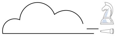 Satranç şövalyesi ve teleskopla çizilen bulut ana hatları stratejik düşünme, görme ve planlamayı sembolize ediyor. Strateji, öngörü, bulut teknolojisi, yenilik, liderlik planlaması için ideal. Düz