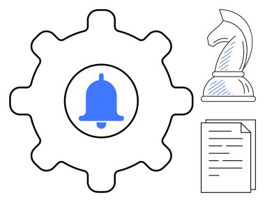Sistem alarmları için alarm zilleri, stratejik düşünme için satranç şövalyeleri ve organizasyon için belgeler. Otomasyon, uyarı, strateji, planlama, üretkenlik, sistem iş akışı için ideal