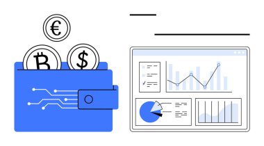 İçinde Euro, Bitcoin ve Dolar bozuklukları bulunan dijital cüzdan turta grafikleri, çubuk grafikleri ve çizgi verileri gösteren bir panelin yanında. Fintech, kripto para birimi, ticaret, yatırım bankacılığı için ideal