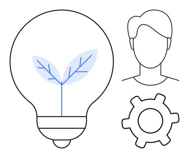 Yaprak sembollü ampul, insan figürü ve ekolojik bilinçli yenilik olduğunu gösteren teçhizat. Sürdürülebilirlik için ideal, yeşil enerji, yaratıcılık, takım çalışması, teknoloji gelecekteki üretkenlik. Düz basit