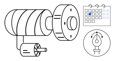 İşaretli bir takvim ve dijital kalem arayüzü yanında dönen endüstriyel motor. Mühendislik, otomasyon, yenilik, planlama, tasarım, yaratıcılık ve programlama için ideal. Düz basit metafor