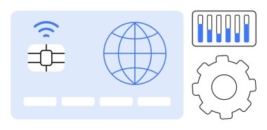Kablosuz ikon, küresel sembol, teçhizat ve dijital ödeme sistemlerini temsil eden baro şeması, küresel bağlantı, finansal analitik, teknoloji, fintech, otomasyon yeniliği