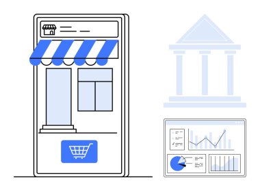 Çevrimiçi mağaza önü, bar grafik ve pasta grafiği olan akıllı telefon ekranı ve sembolik banka cephesi. E-ticaret, finansal istatistikler, fintech, analitik, perakende büyümesi, çevrimiçi bankacılık için ideal