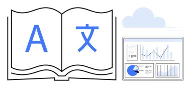 Grafikleri ve grafikleri gösteren gösterge panelinin yanında çok dilli harflerle açık bir kitap. Eğitim, veri analizi, araştırma, dil eğitimi, küresel iş, teknoloji yeniliği için ideal, basit