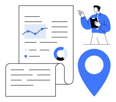 Grafikler, çizelgeler ve lokasyon rozeti içeren analizlere bakan bir iş adamı. Planlama, raporlama, veri analizi, istatistik, sunum navigasyon ve hedefler için idealdir. Temiz daire