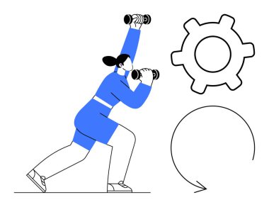 Kadın dambılları kaldırırken saldırıyor, gücü ve çabayı simgeliyor. Üretkenlik için vites, gelişim için ok. Fitness, kişisel büyüme, eğitim, motivasyon, kalkınma hedefi için ideal