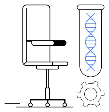 Tekerlekli koltuklar, test tüpünde DNA ipliği ve bilim, teknoloji ve işbirliğini sembolize eden teçhizat. Biyoteknoloji, araştırma, yenilik, takım çalışması sağlık mühendisliği için ideal