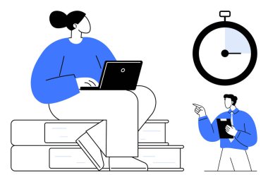 Kitapların üzerine oturmuş dizüstü bilgisayar kullanan bir kadın elinde kronometreyle onu gösteren bir not defteri tutan bir adam. Eğitim, takım çalışması, zaman yönetimi, üretkenlik, strateji ve yaratıcılık için ideal. Düz