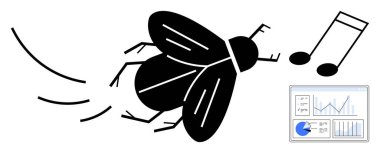 Takip çizgileriyle uçan böcekler sesi ve analitik grafikleri sembolize eden notalar. Çalışma dikkat dağıtıcı, çoklu görev, yaratıcılık, odaklanma, veri analizi, üretkenlik için ideal basit