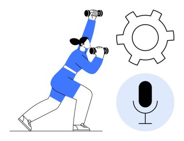 Hamle pozisyonunda dambılları kaldıran kadın formda ve azimli olduğunu gösterir. Vites ve mikrofon teknolojiyi, takım çalışmasını, eğitimi ve iletişimi sembolize eder. Egzersiz uygulamaları ve teknik markalaşma için ideal.