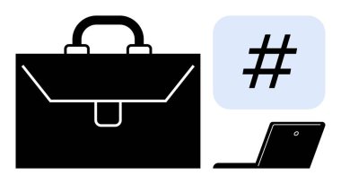 Siyah evrak çantası, dizüstü bilgisayar ve meta veri etiketi sembolü profesyonel araçları, teknolojiyi ve iletişimi temsil ediyor. İş, ağ, markalaşma, sosyal medya kariyer büyümesi ekip çalışması için ideal