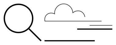 Minimalist bir bulutun yanında büyüteç ve yatay çizgiler. Arama, teknoloji, bulut hesaplama, minimalizm, soyut fikirler, yenilik, analiz için ideal. Düz basit