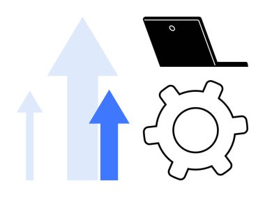 Yukarı bakan üç ok, bir dişli ve bir laptop büyümeyi, verimliliği, teknolojiyi ve verimliliği vurguluyor. Yenilik için ideal, iş akışı iş teknolojisi optimizasyonu takım çalışması. Düz