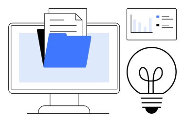 Dizin ve belgeli bilgisayar ekranı, analitik çizelgesi ve yeniliği sembolize eden ampul. Takım çalışması, üretkenlik, veri yönetimi, yaratıcı çözümler, dijital depolama, verimlilik düzlemi için ideal