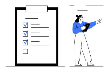 Elinde dosya tutan ve işaret eden profesyonel bir kadının yanında işaretli görevleri olan büyük bir kontrol listesi. Üretkenlik, planlama, zaman yönetimi, takım çalışması, hedef belirleme, organizasyon, basit