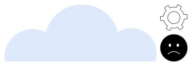 Büyük mavi bulut, bir vites sembolü ve üzgün yüz bulut hesaplamalarında zorlukları ifade ediyor. Teknoloji sorunları, sorun giderme, veri güvenilirliği, sistem hatası, duygusal bağlam için ideal