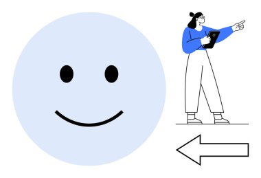 Mavi mutlu yüz, elinde pano olan kadın, büyük bir okun yönünü gösteriyor. Takım çalışması, rehberlik, talimat, olumlu iletişim, iyimserlik, yön basit iniş sayfası için ideal