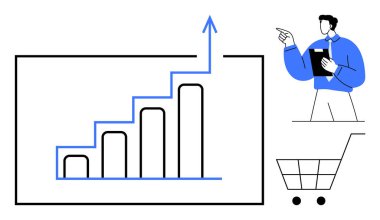 Üzerinde ok olan bir bar çizelgesi, elinde veri gösteren bir pano olan bir adam, alışveriş arabası. İş stratejisi, satış büyümesi, analitik, e-ticaret, başarı metaforu planlayan piyasa eğilimleri için idealdir. A