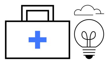 Mavi haçlı ilk yardım çantası, ampul fikri simgeliyor, ve bulut yenilik öneriyor. Sağlık hizmetleri, tıbbi yardım, yaratıcılık, problem çözme, yenilik, takım çalışması refah kavramları için ideal