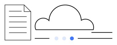 Dosya yükleme ve depolama sürecini temsil eden ilerleme noktaları olan bir bulut simgesinin yanında belge. Bulut hesaplama, veri depolama, dosya paylaşımı, takım çalışması, yenilik, dijital iş akışları için ideal