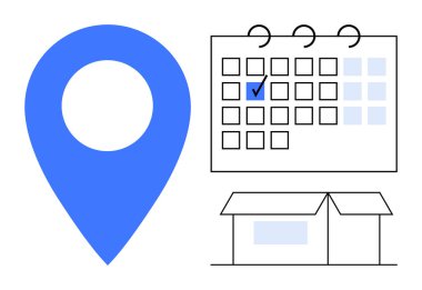 Kalın bir yer belirleyici, işaretli takvim günü ve teslimat takibi, planlama ve lojistiği temsil eden bir paket kutusu. Zaman yönetimi, dağıtım, navigasyon, organizasyon için ideal