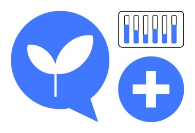 Konuşma baloncuğunda yaprak, tıbbi haç, çevresel sürdürülebilirliği temsil eden test tüpleri, çevre dostu girişimler, biyoteknoloji, sağlık hizmetleri gelişimi. Ekoloji, sağlık ve yenilik için ideal